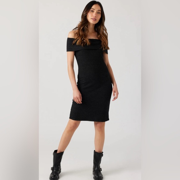 Sol Angeles Thermal Off-The-Shoulder Black Midi Dress Small - Picture 4 of 8